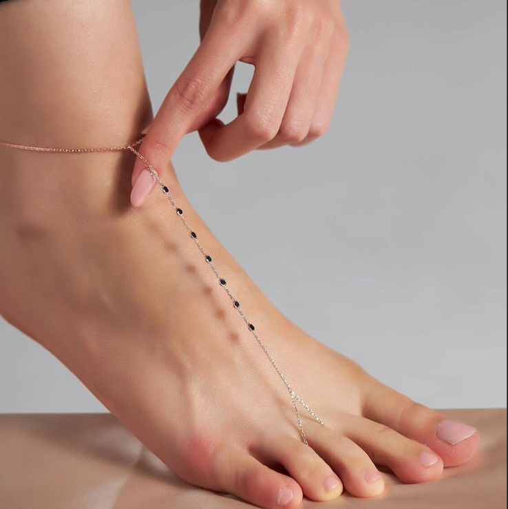 Black Beach Foot Jewelry Chain Crystal Beaded Ankle Bracelet with Toe Ring